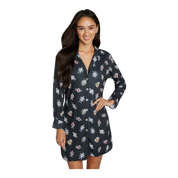 NWT Modcloth Sleep Bright Robot Black Pajama Nightshirt Sleepwear - Picture 1 of 4